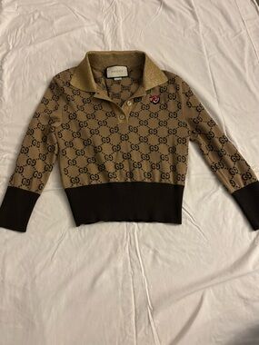 Gucci Beige and Dark Brown GG Logo Polo crop Sweater
